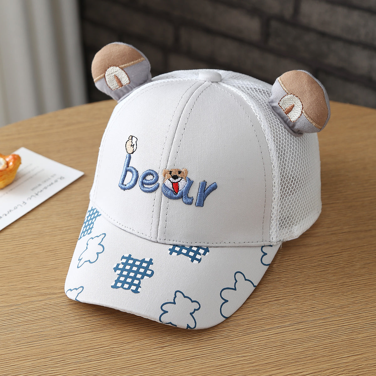 Oreilles de dessin animé Broded Bear Casquette enfant en tissu net