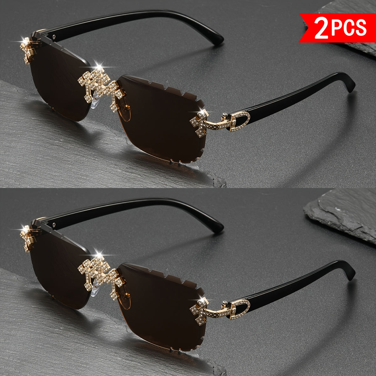 2 paires de lunettes de soleil cristal sans cadre