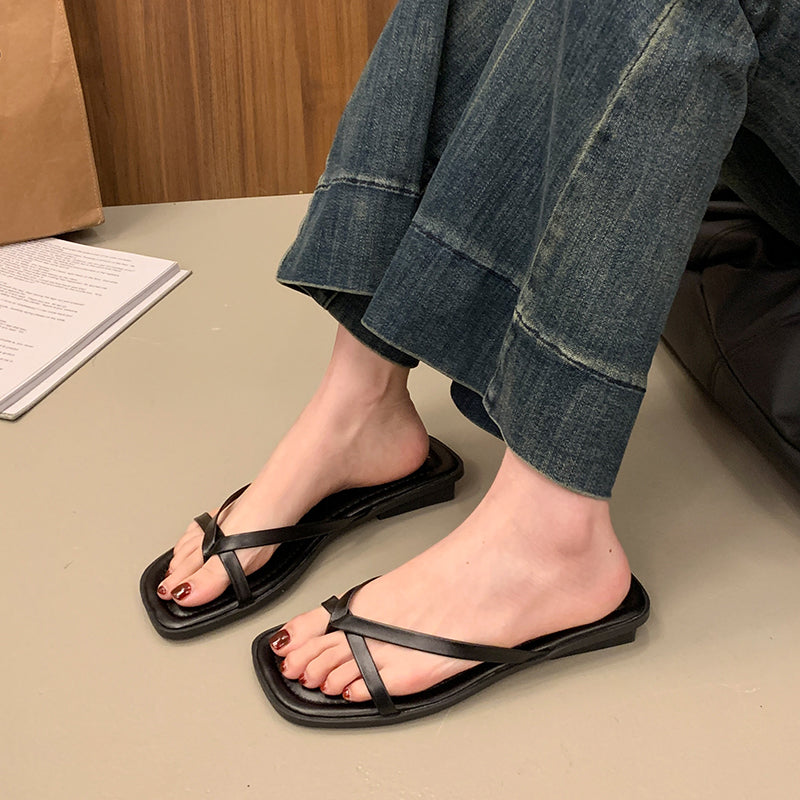 Femmes Minimaliste Crisscross Sangle mince Thong carré toe Diapositives