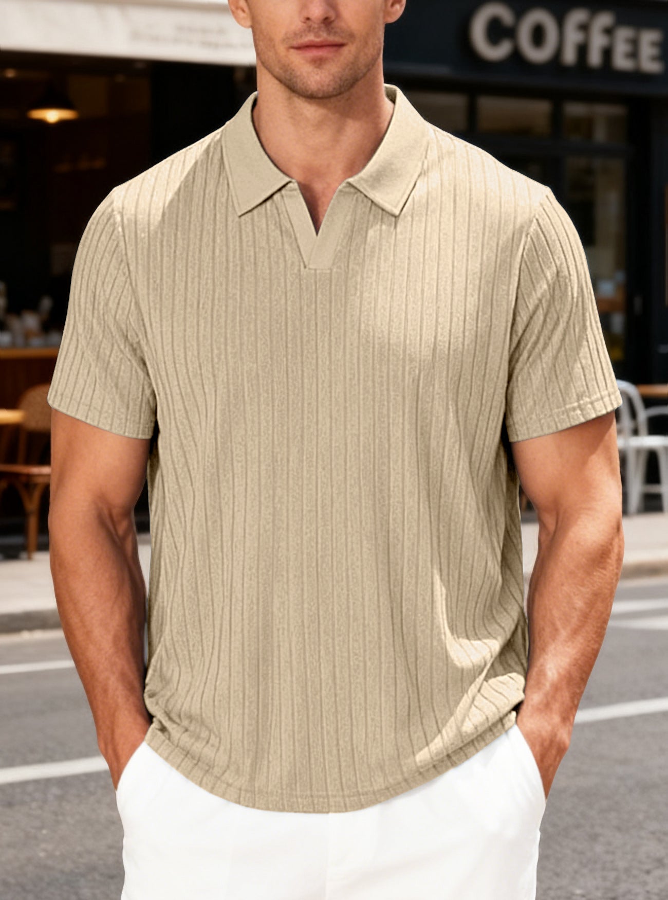 European and American Men's Summer Casual Torchon respirant Jacquard Tissu Turn-Down Colla