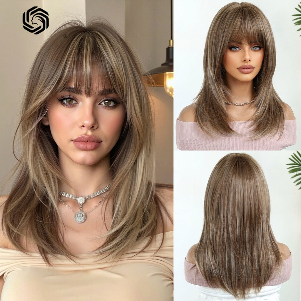 Perruque synthétique haute température pour femmes avec capuchon de cheveux Bangs