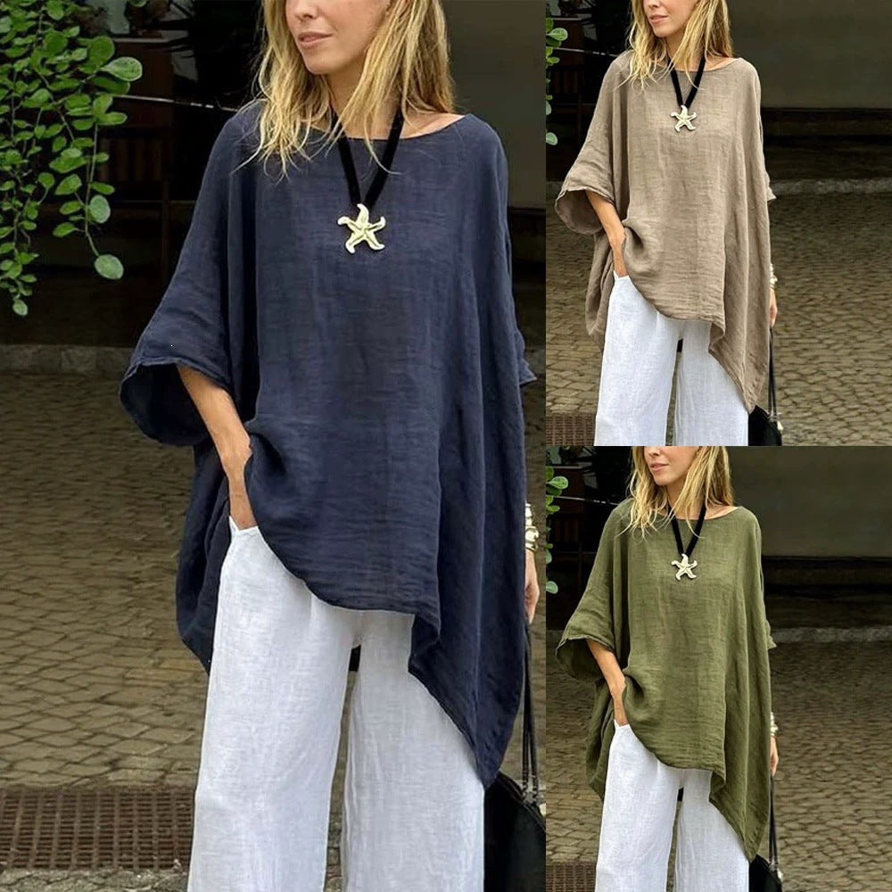 European and American Women's Clothing Summer Amazon Solid Color Loose Round Neck Cotton-l