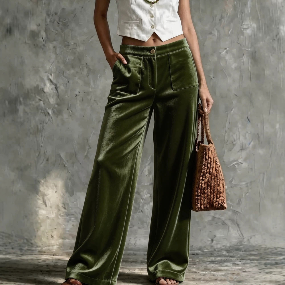 Pantalon casual avec poches pour femmes Velvet lisse de couleur unie