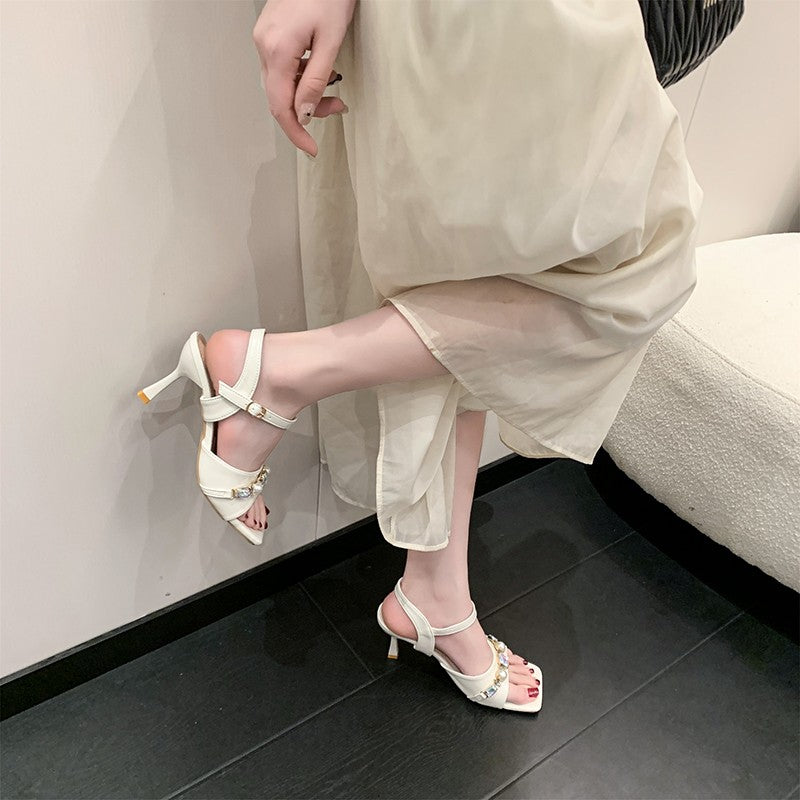 Sandales douces Bow Toe ouvert Été Carré Toe Strass Robe Match One Strap Niche High H
