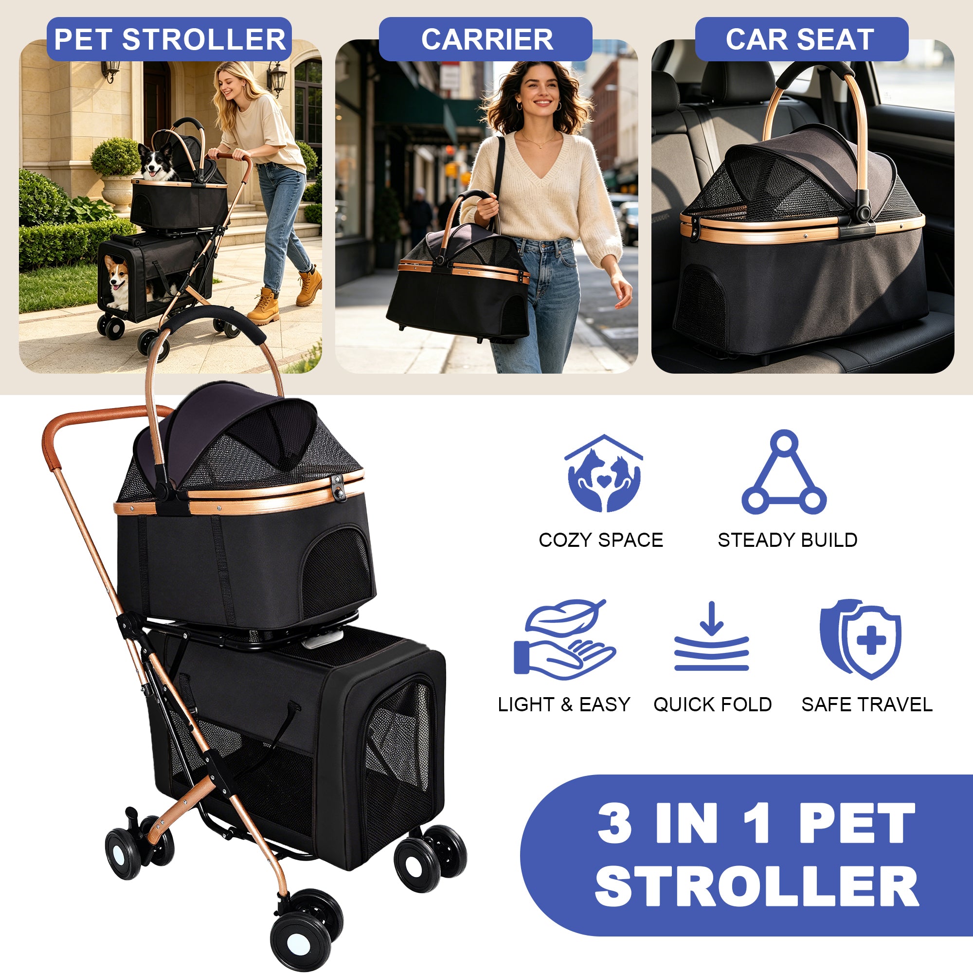 Poussette 3-en-1 pour petits chiens moyens Chats