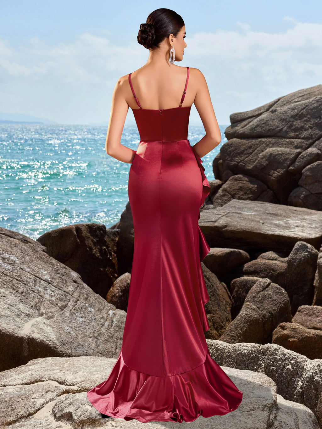 Robe longue toast rouge de vin sexy avec des paillettes minces et de la dentelle volante