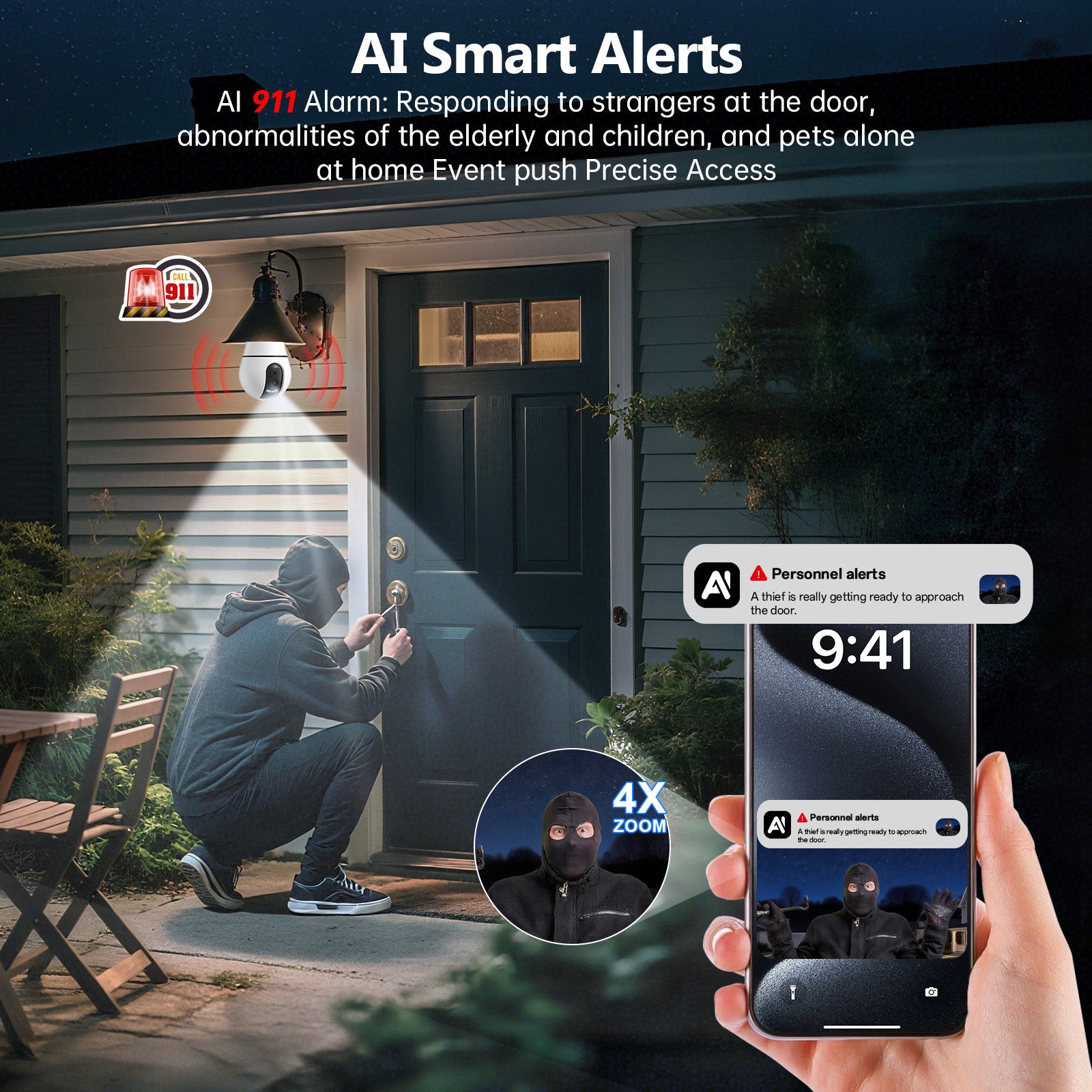 Détection AI 360 Degree HD CCTV Vidéo Ampoule E27 IP sans fil Mini sécurité Wifi caché