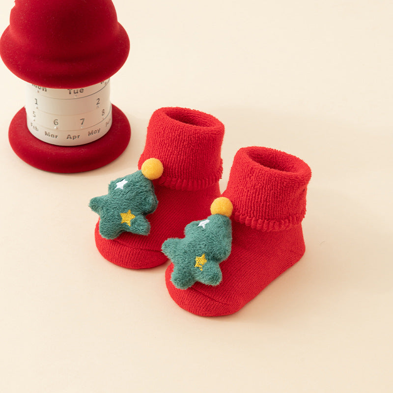 Chaussettes de plancher rouge en coton pur épais, doublées de polaires pour l'automne et l'hiver