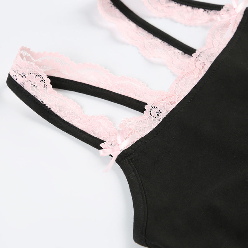 Dentelle Cami Jumpsuit avec Bow Detailing et un Patchwork Square Neckline