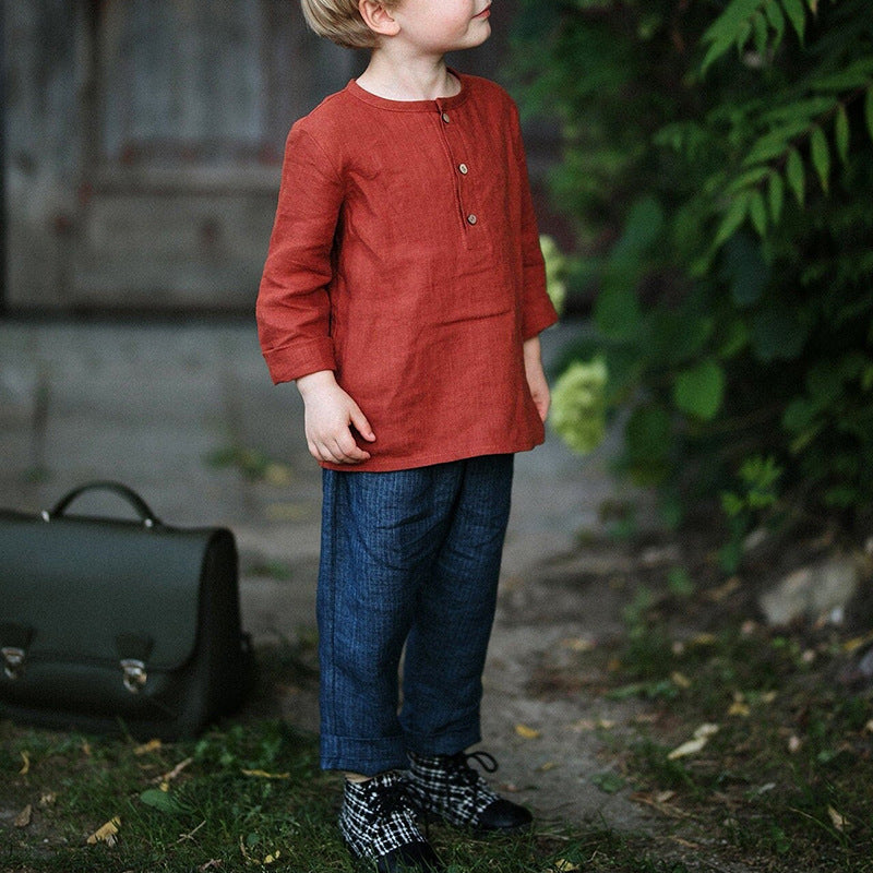 Chemise en coton à manches longues à col semi-ouvert pour garçon