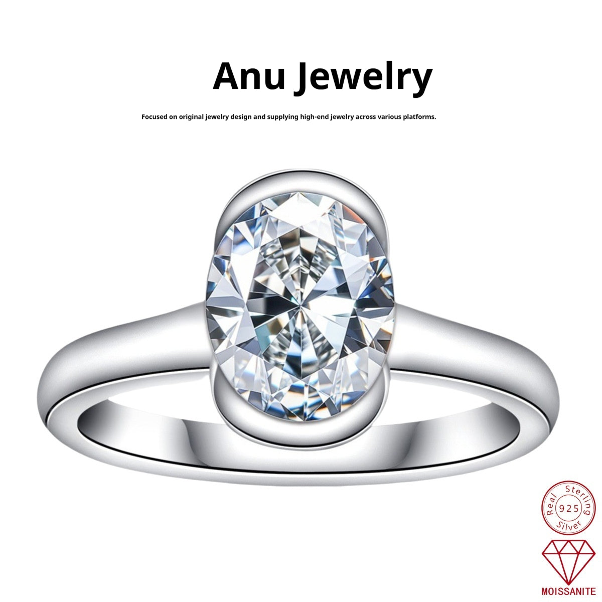 Silver Oval Semi mount Ring Avec un 3 carats De forme Fancy Moissanite Pour Femmes