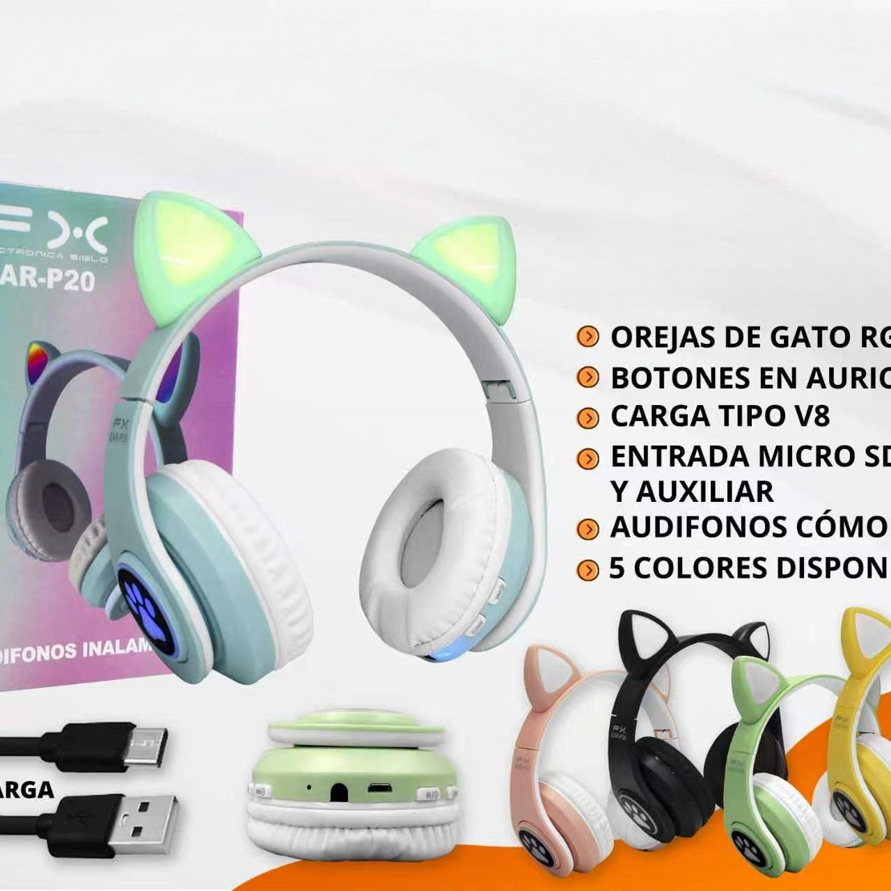 Casques Bluetooth - Casques d'éclairage pour l'oreille de chat jaune - Casques pour enfants mignons sans fil