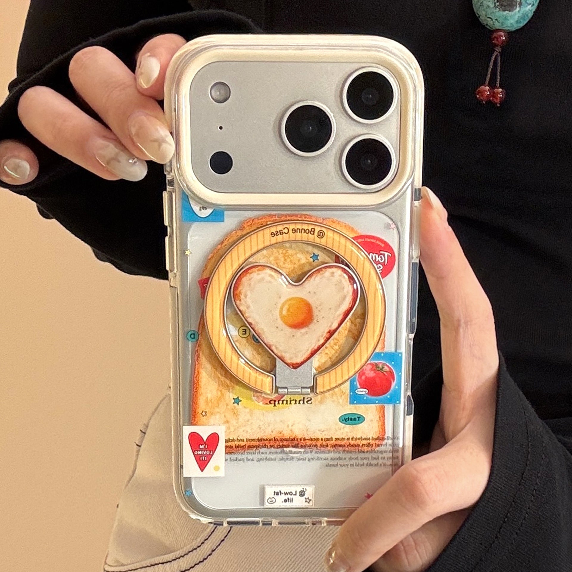 Toast and Fried Egg Coeur en forme de support de téléphone magnétique - Transparent Compatible