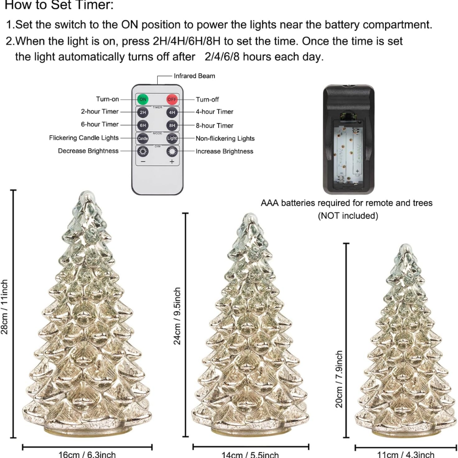 Figurine d'arbre de Noël en verre éclairé avec minuterie de 3 décorati de Noël en verre de mercure