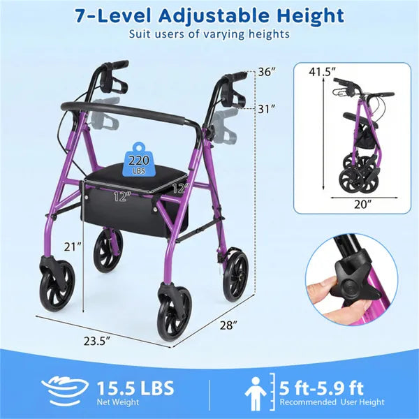 2-en-1 Rollator Walker avec siège (Purple)