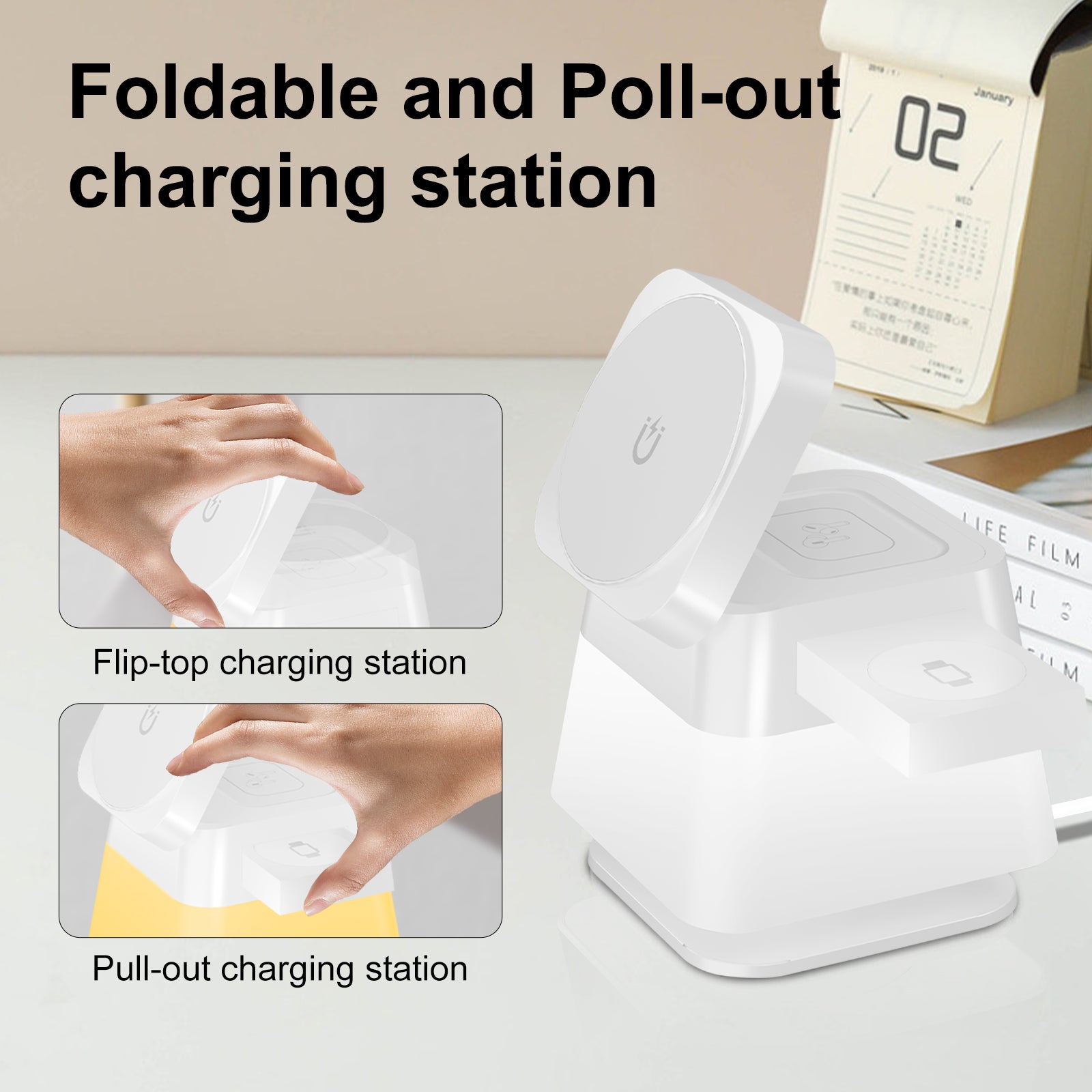 4 En 1 Éclairage coloré rotatif Support chargeur sans fil pour téléphone 15 14 13 12 Pro Max 8