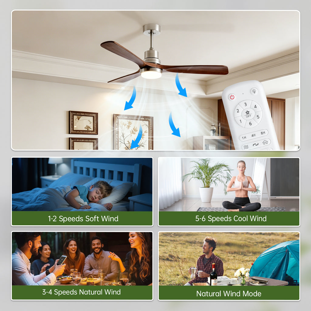 Ventilateurs de plafond en nickel brossé de 52 pouces avec lumières et télécommande