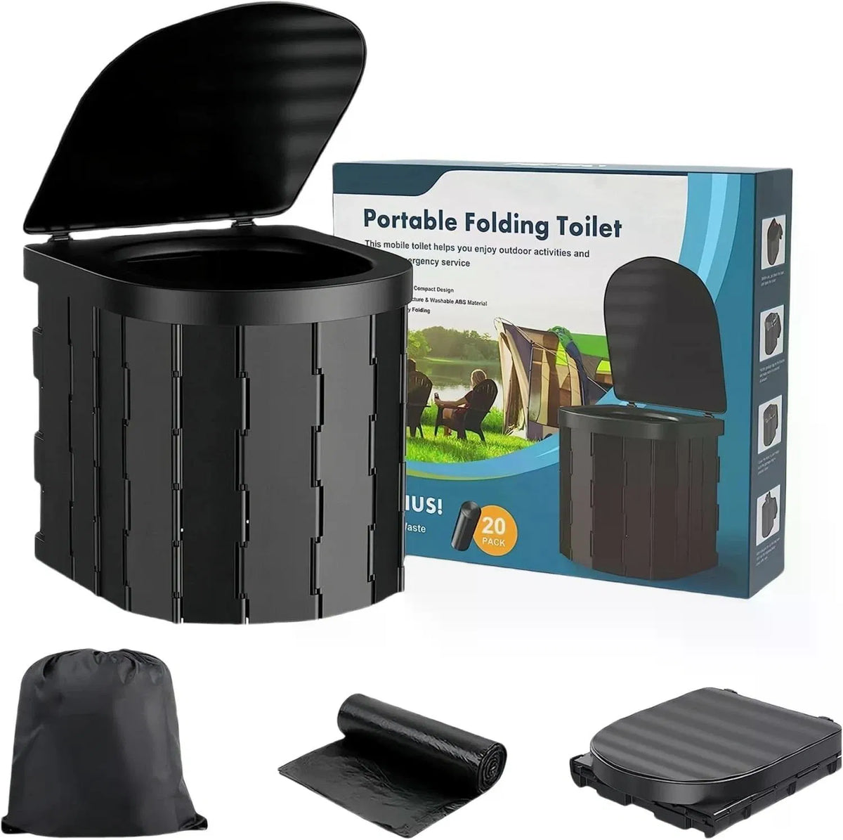 Portable pliable Camping Toilette Max Charger 150kg WC mobile avec 20 sacs de toilette