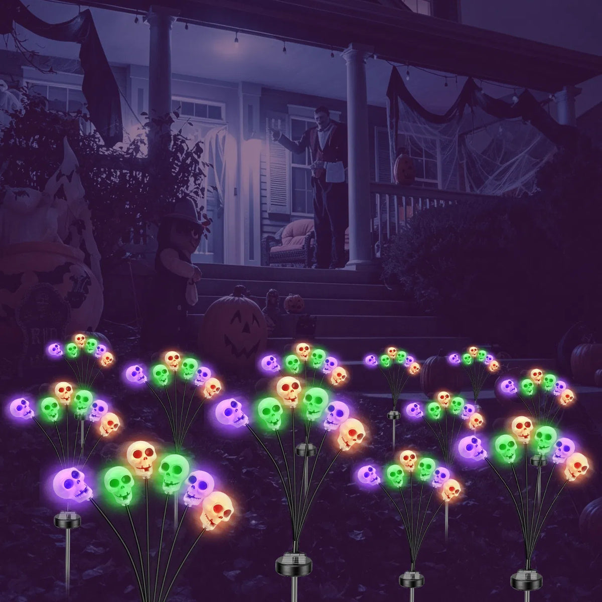 4 Packs Solaire Crâne Lumières Extérieure Décorations d'Halloween Solaire alimenté avec 6 têtes de crâne