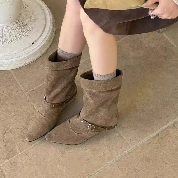 Femmes pointu Toe Suede Slouch Mid Calf Bottes Vintage rivet Buckle Strap Western Cowboy Bo
