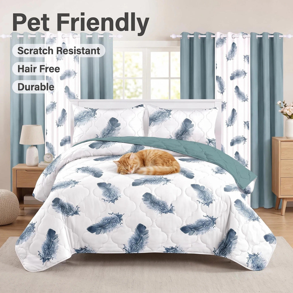 Couche de lit et jeu de rideaux en plume bleue 9 pièces