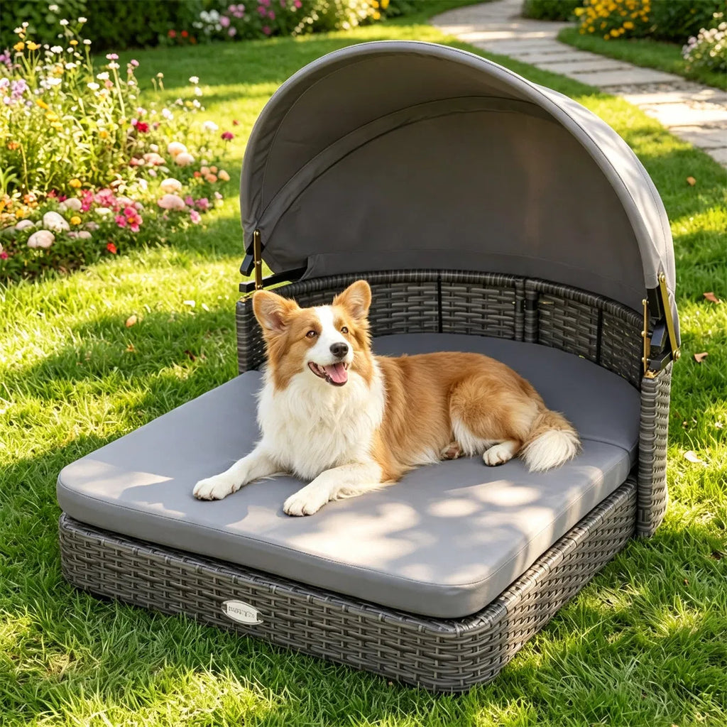 Lit de chien en rotin gris avec canopée réglable