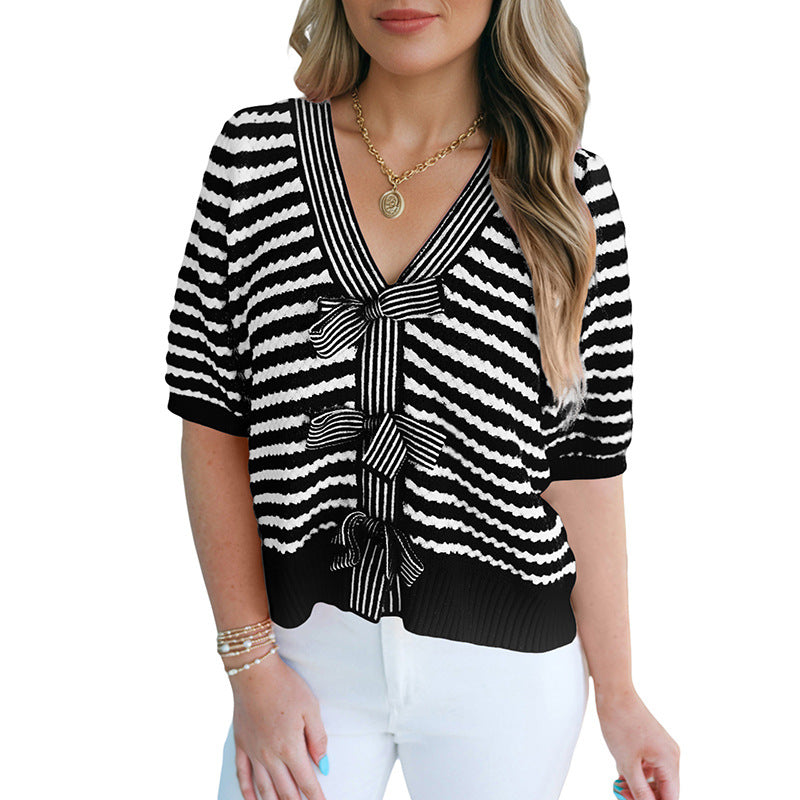 Femmes Pullover Col V Chandail à manches courtes