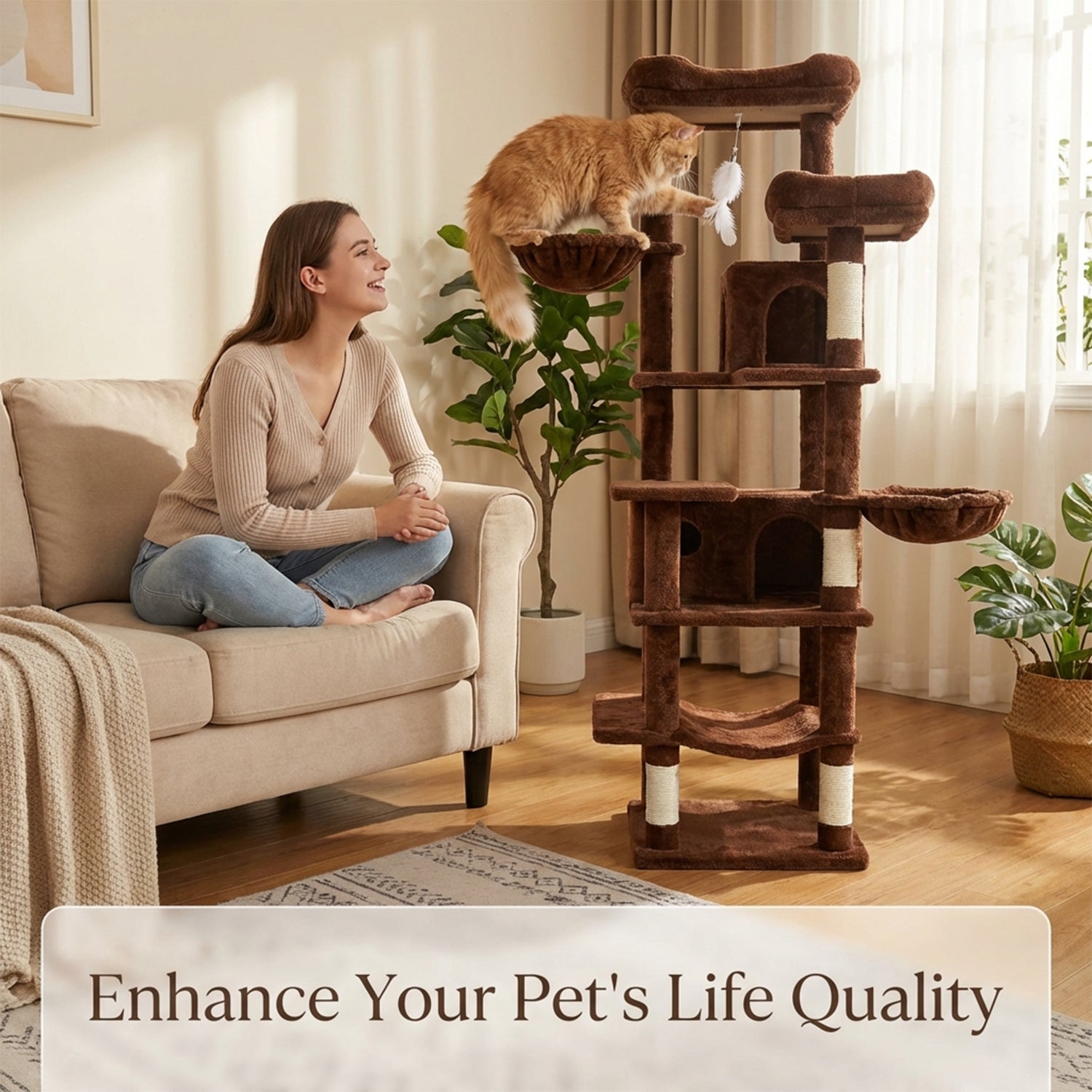 68in Grand arbre de chat vert multi-niveaux avec hamacs