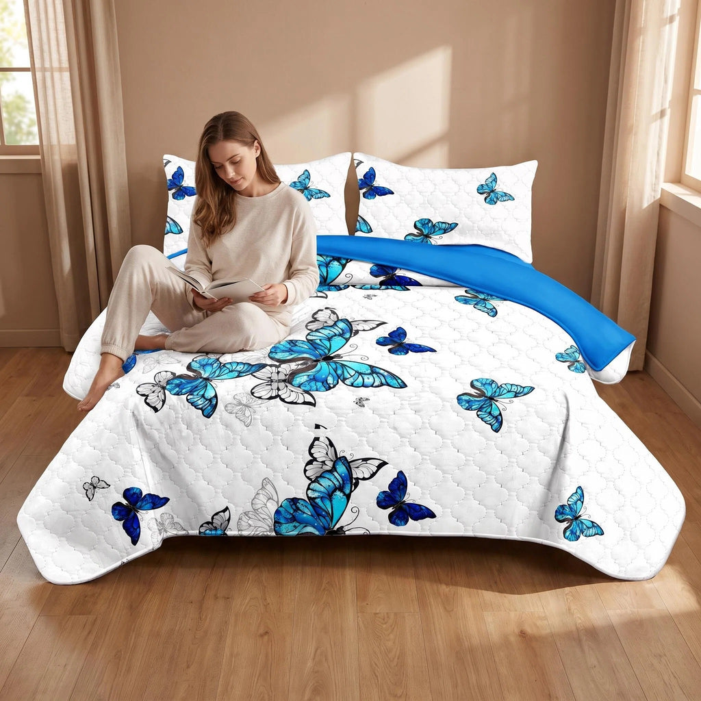 3-Piece Blue Butterfly Couverture de lit matelassée pour roi et roi de Californie