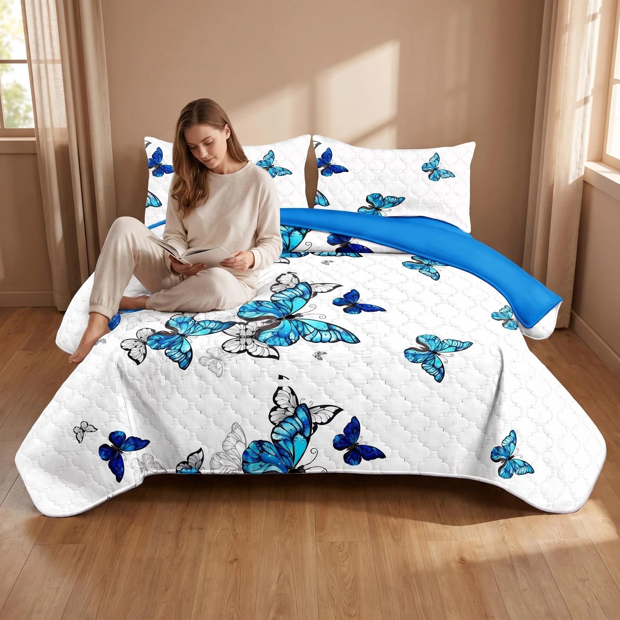 3-Piece Blue Butterfly Couverture de lit matelassée pour roi et roi de Californie