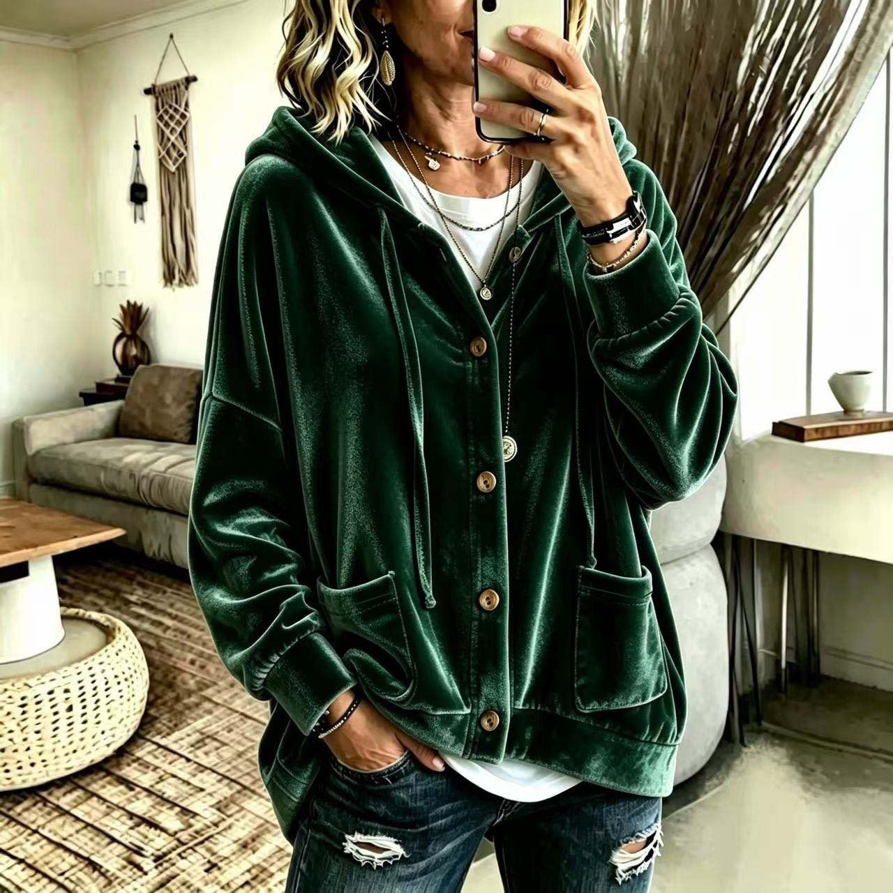 Femmes Automne Veau d'hiver Hoodie Cardigan Bouton avant cordon drawstring manches longues Casual Loose