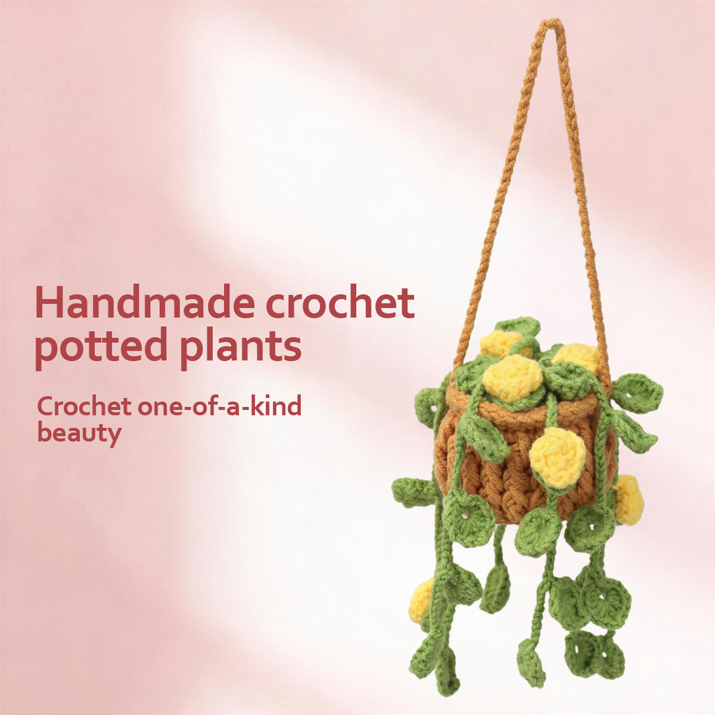 Crochet à la main suspendu ornement en pot avec des boutons de fleurs jaunes trailing et feuille verte V
