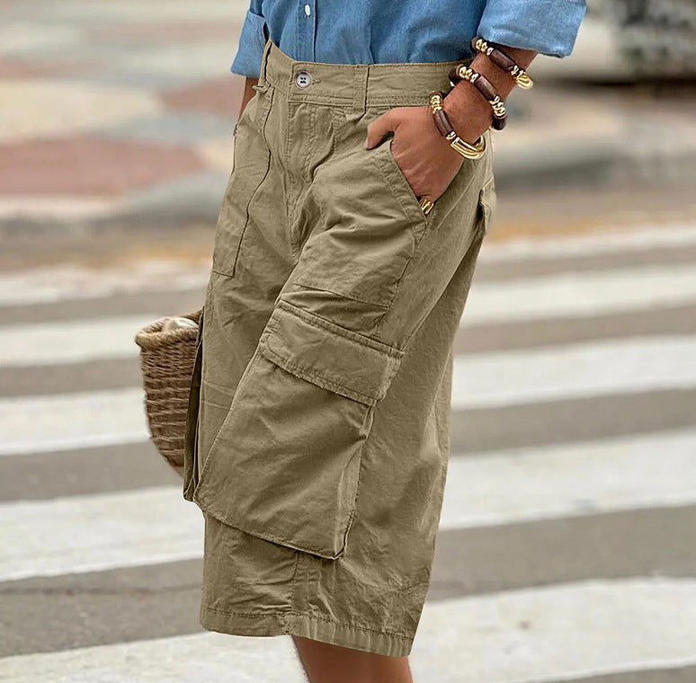 Femmes Cargo Capri Pantalons Multi Pocket High Waist Loose Large Jambe Cropped Pantalons Summer Cas
