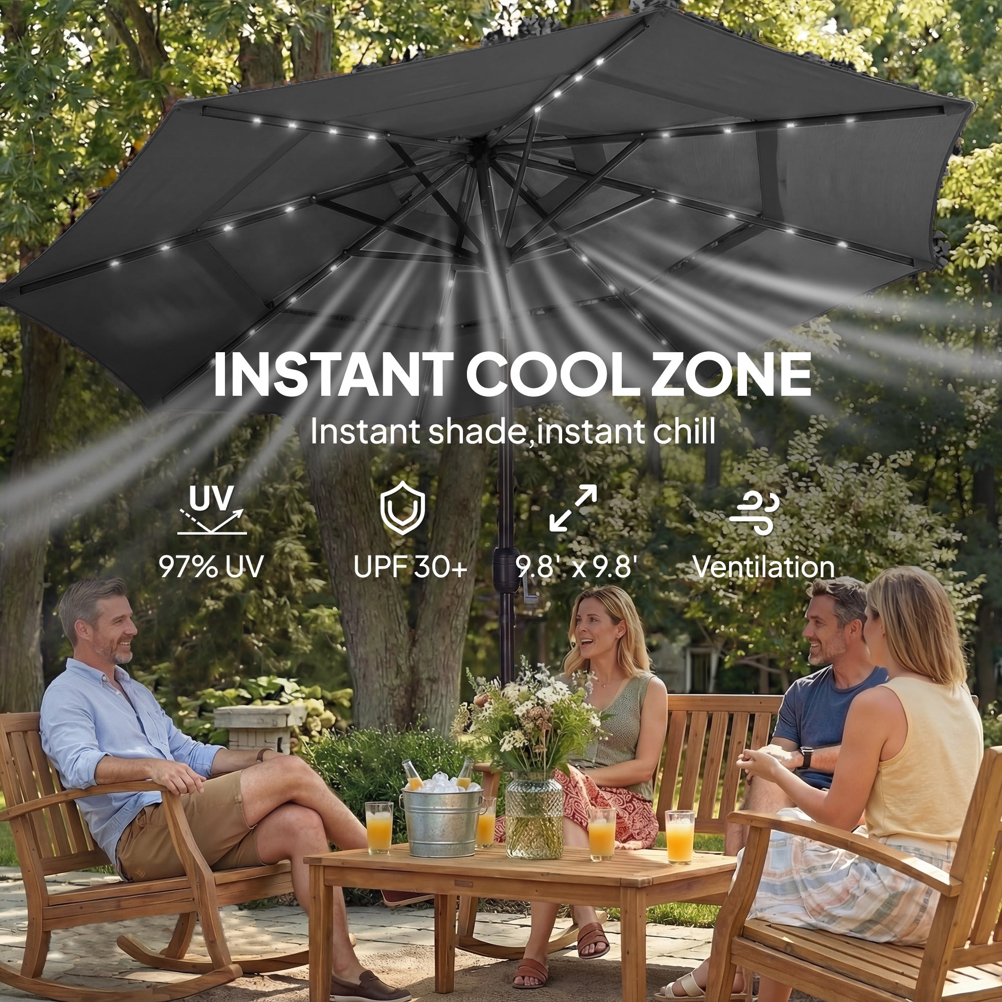 Parapluie extérieur Patio de 9,7 pieds avec lumières solaires LED