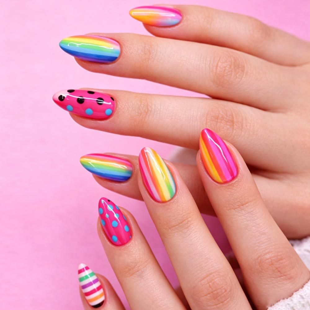 Stickers 24 Pièces de Short Almond en forme de Nail Acrylique avec des rayures de couleur arc-en-ciel et Pr