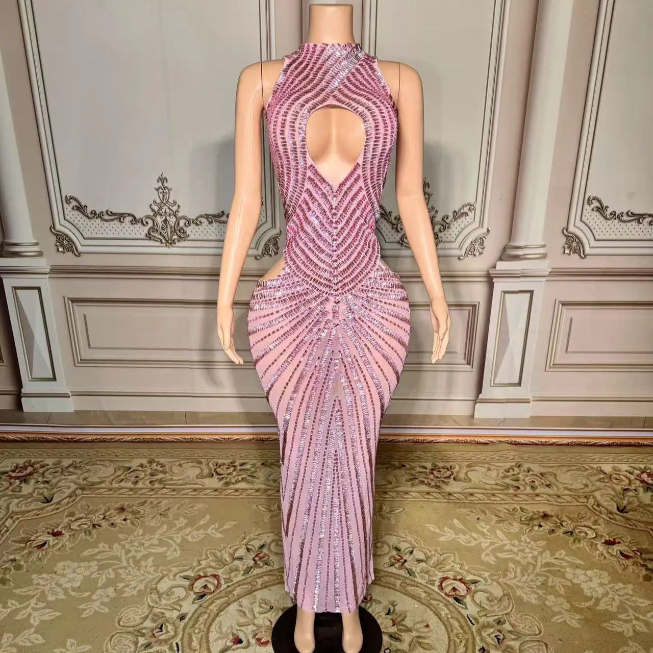 Femmes Sexy Mesh Hollow-Out Nightclub Robe de scène Performance Outfit Gown soirée
