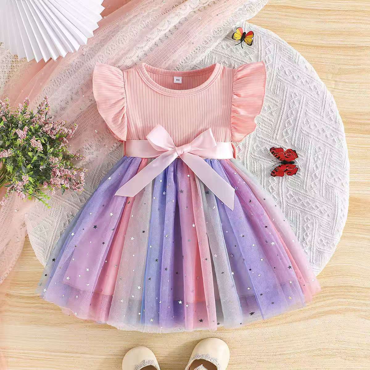 Sweet Little Girls Robe de tulle à manches de puff avec une Bow