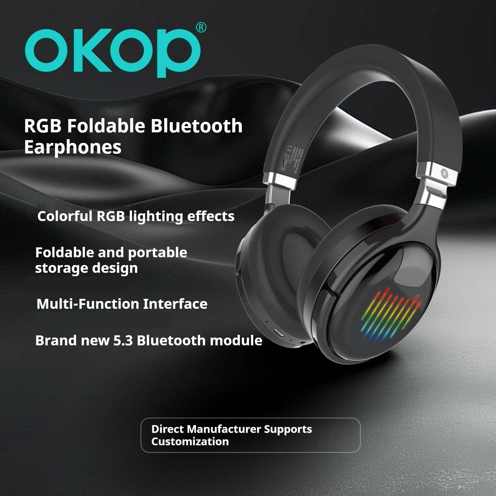 KP-H103 En stock Sur oreille Casque Bluetooth Éclairage ambitant pliable RGB Bruit actif