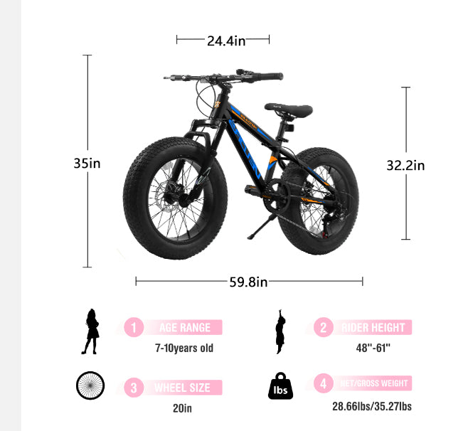 V202035 20 pouces Fat Tire Bike 7 Speed Mountain Bike