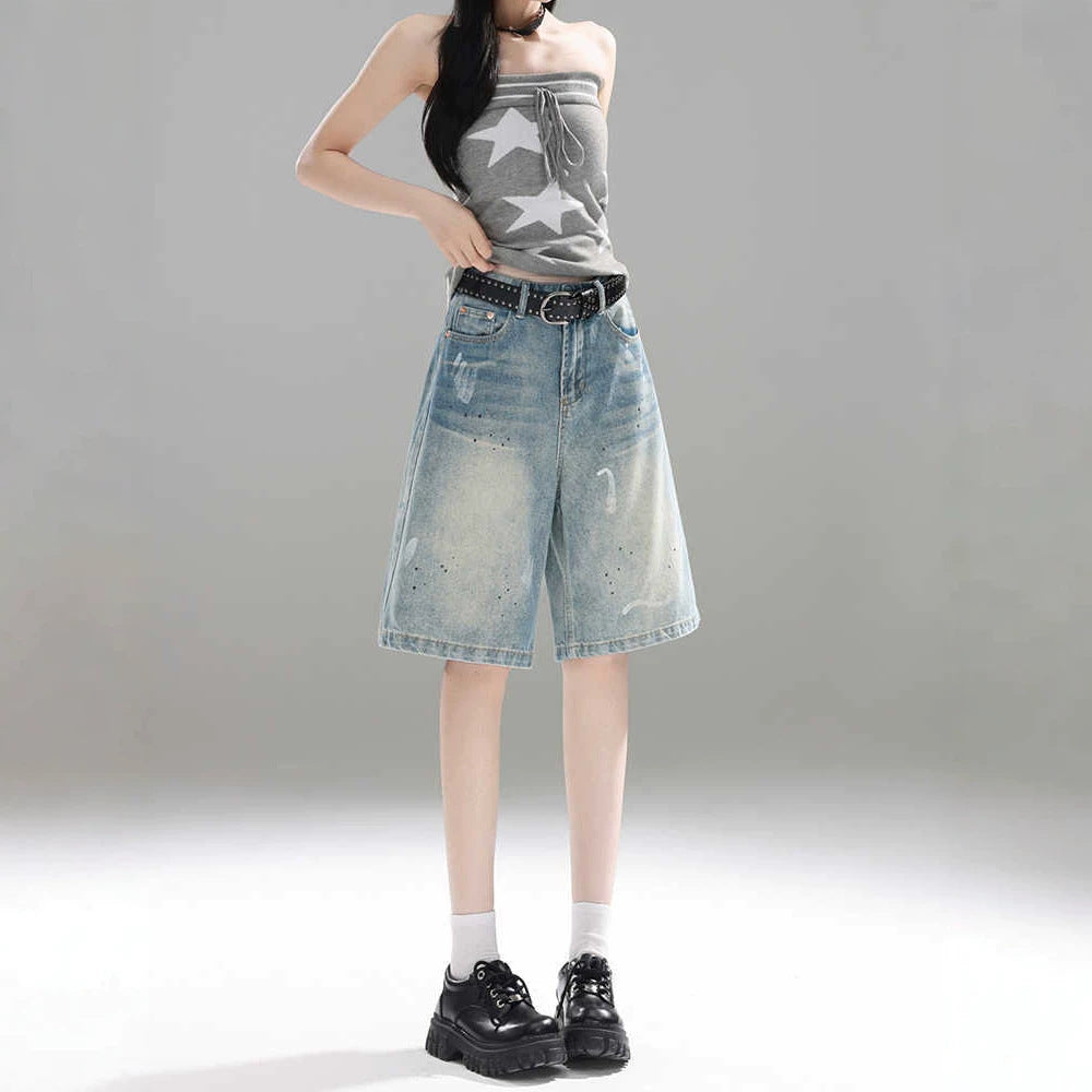 Retro Ink-Splatter Blue Wide-Leg Denim Capri Pantalons Femmes Été Leg Cropped Trou