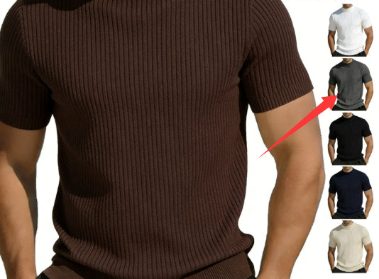 T-shirt tricoté à manches courtes pour homme Mock Neck Couleur solide