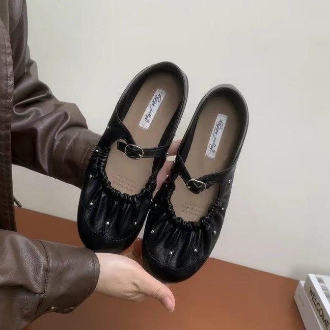 Chaussures de grand-mère en cuir souple à plat retro orteil souple printemps polyvalent et non lassant