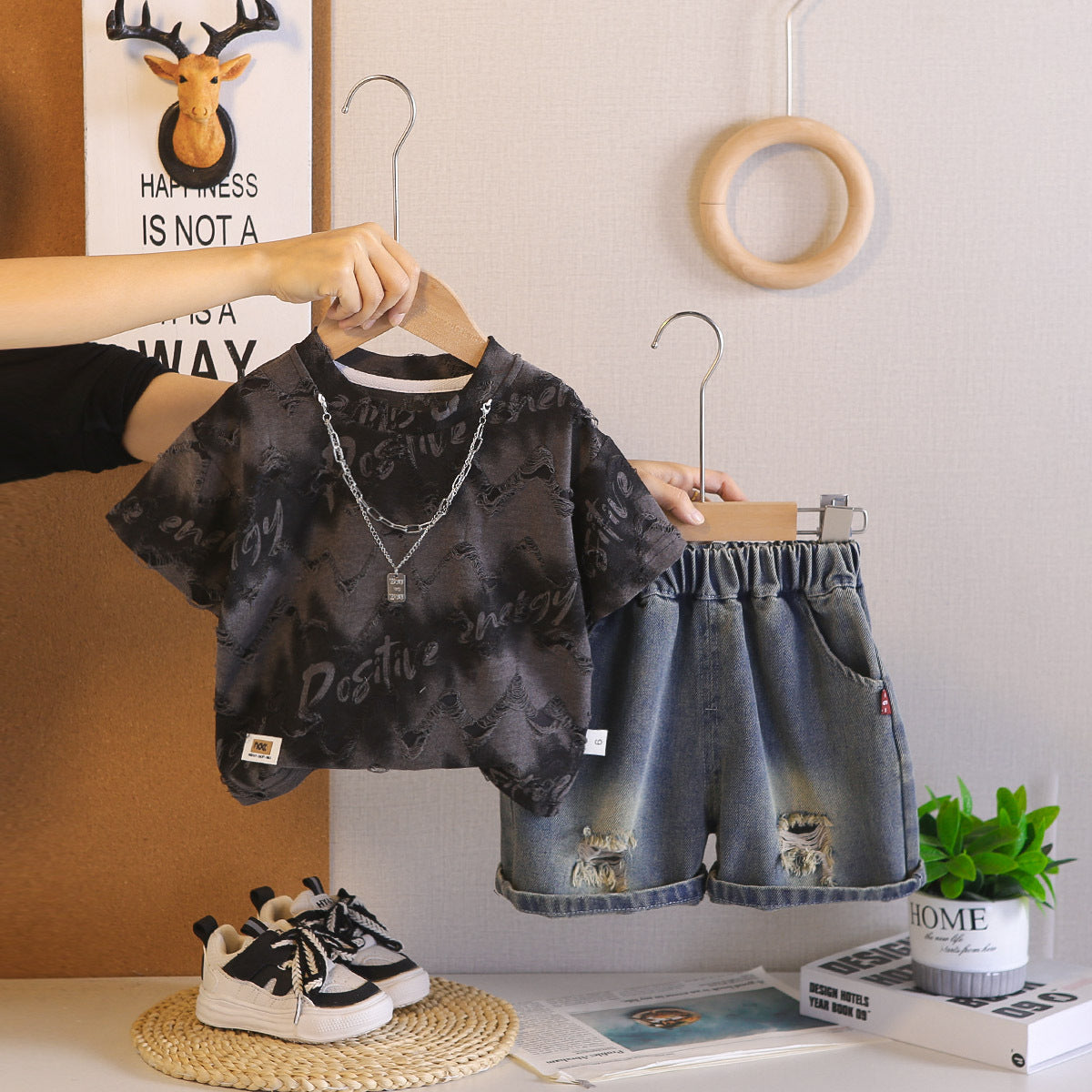 Boys Summer Outfit Stylish Denim Shorts Two-Piece Set