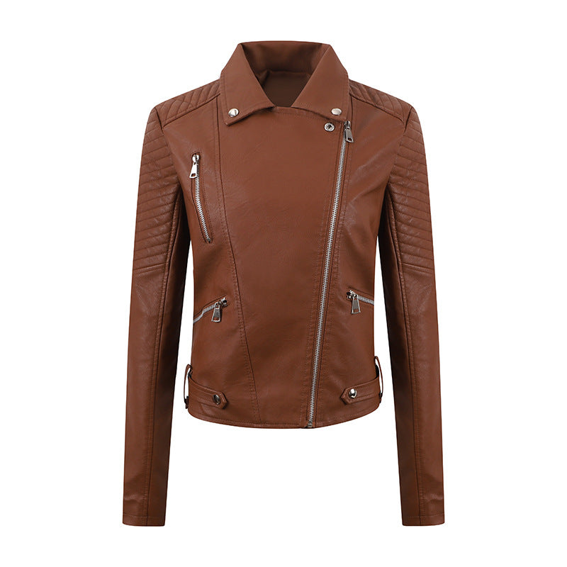 PU Femmes court en cuir Oblique Tir Slim vêtements de moto lavés veste en cuir