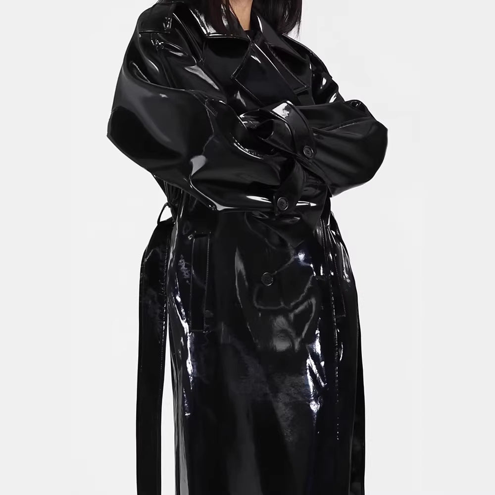 Femmes miroir-look cuir mode boîte de nuit longue tranchée manteau veste