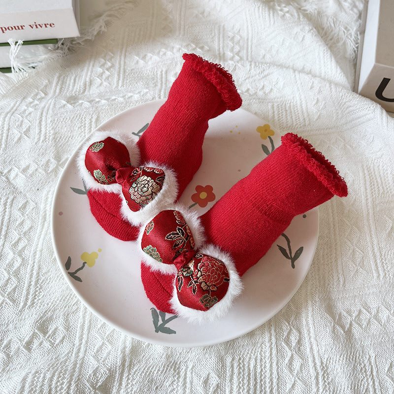 Bébé Hiver Grand Rouge Terry Chaussettes de sol antidérapantes