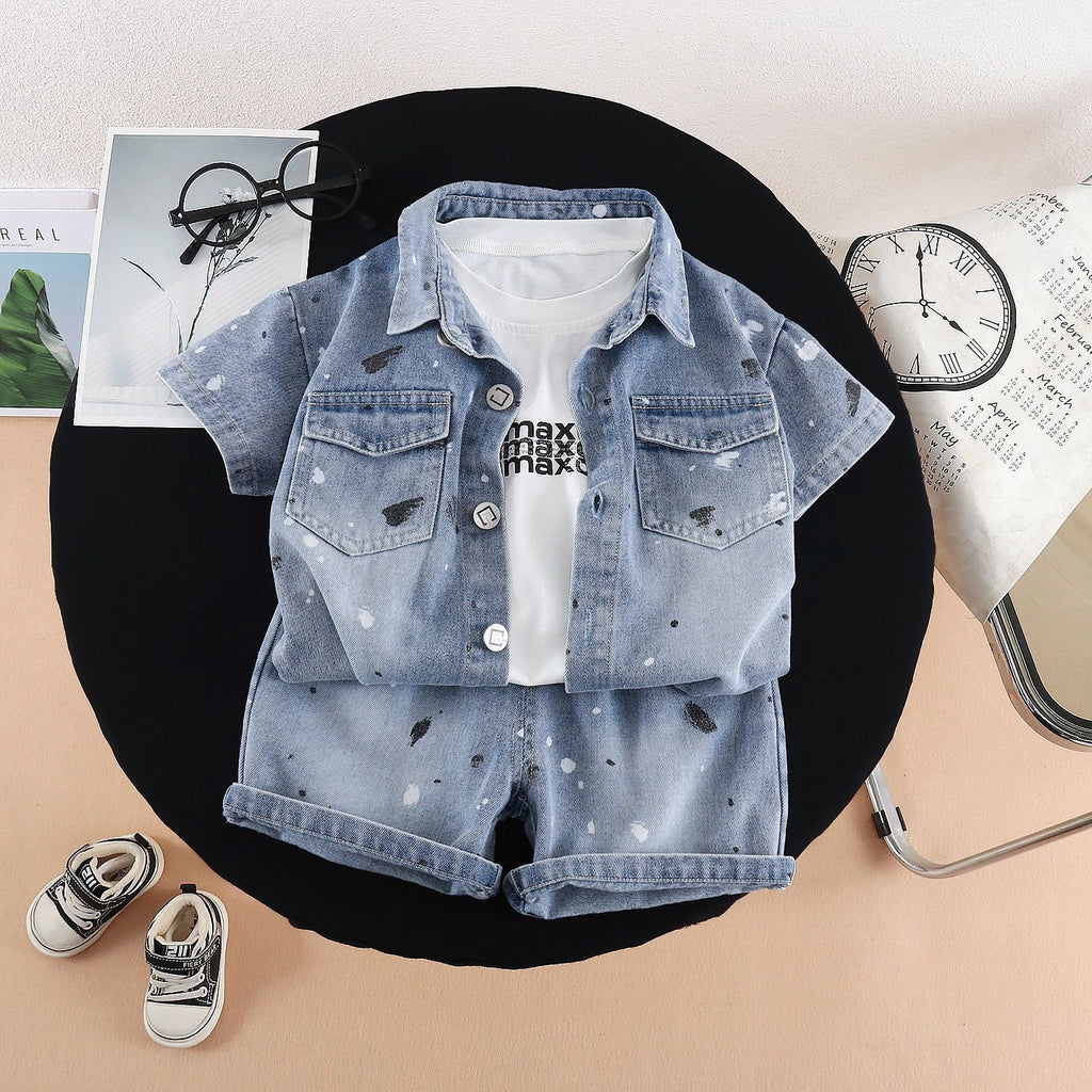 Garçons Western style mode Denim manches courtes Top et shorts trois pièces