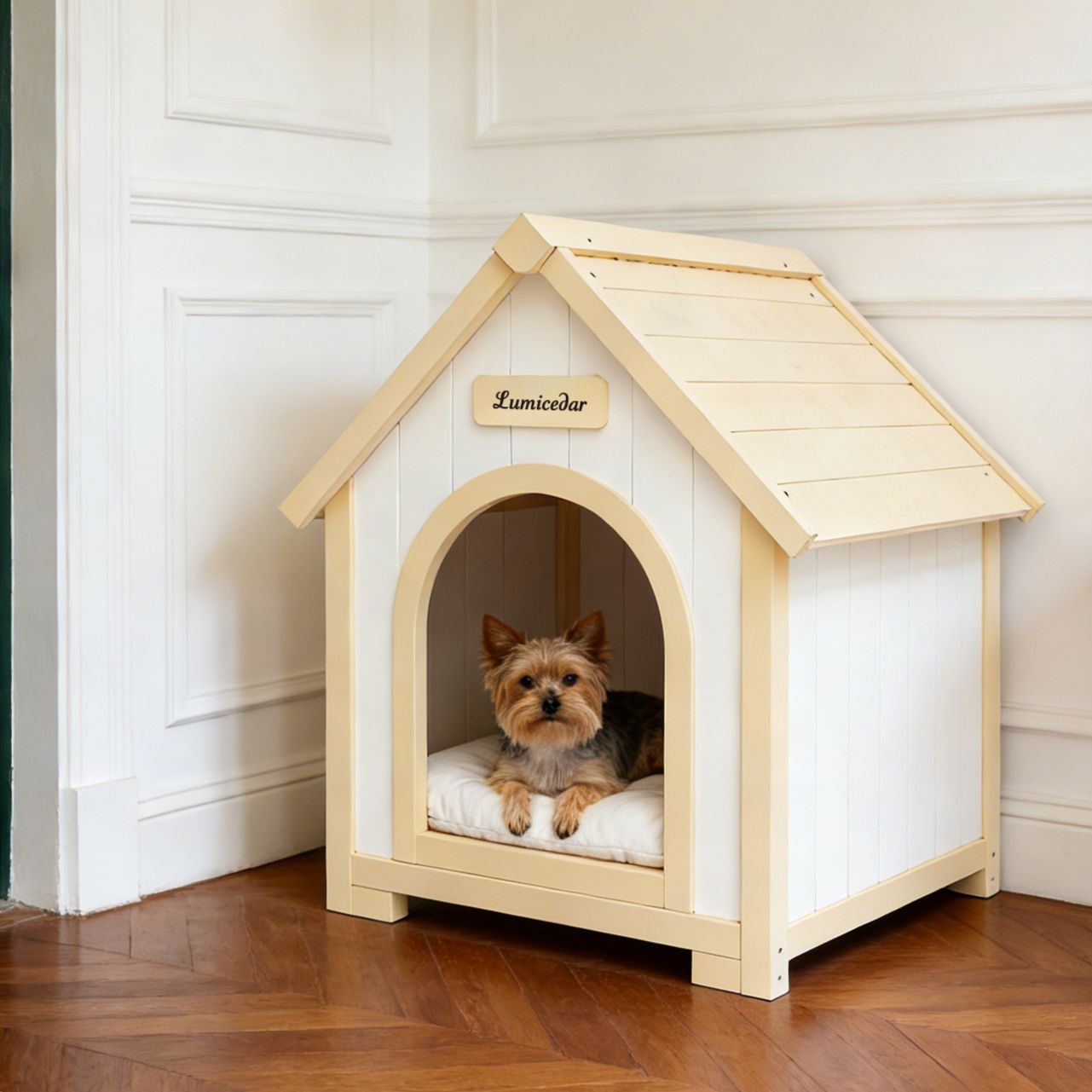 Maison de chien en bois moderne avec coussin EVA – Cèdre solide Pet House pour petits chiens & C