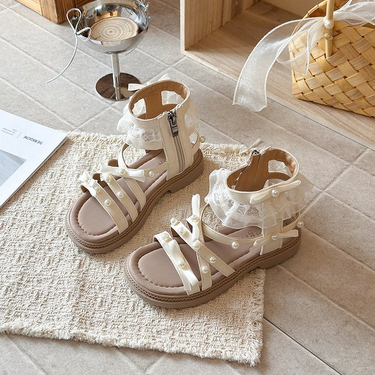 Sandales romaines pour enfants Summer Lace Pearl Bow Middle School Sandales filles Princesse Chaussures