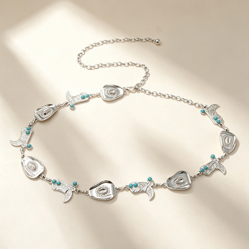 American Western Cowboy Waist Chain avec chapeau en métal turquoise et pendentifs de bottes